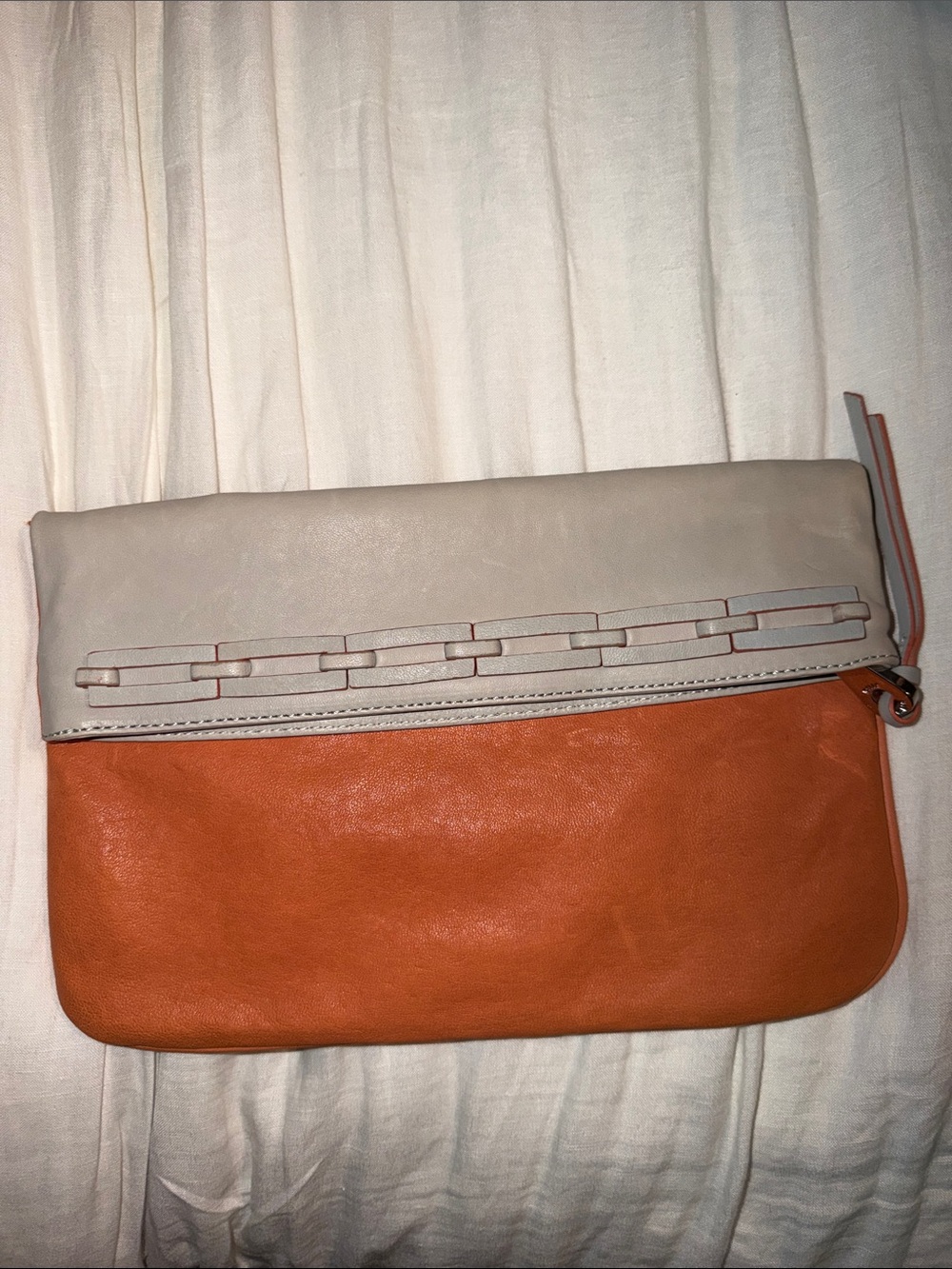Two-Tone Fold-Over Leather Clutch in Gray and Burnt Orange